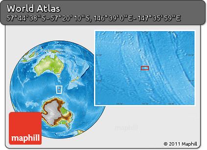 Physical Location Map of the Area around 57° 32' 24" S, 147° 7' 30" E