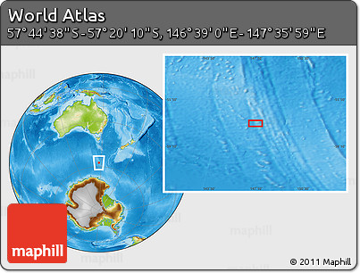 Physical Location Map of the Area around 57° 32' 24" S, 147° 7' 30" E