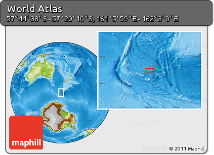 Physical Location Map of the Area around 57° 32' 24" S, 161° 34' 29" E