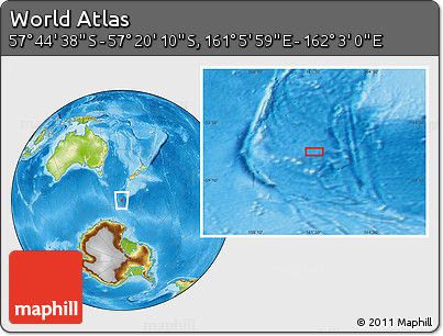 Physical Location Map of the Area around 57° 32' 24" S, 161° 34' 29" E