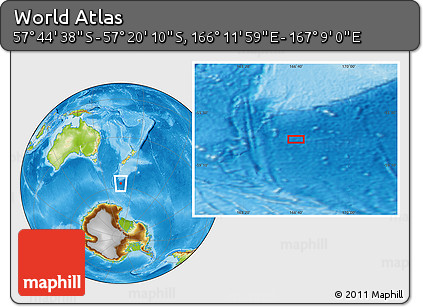 Physical Location Map of the Area around 57° 32' 24" S, 166° 40' 30" E