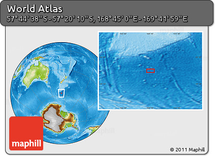 Physical Location Map of the Area around 57° 32' 24" S, 169° 13' 29" E
