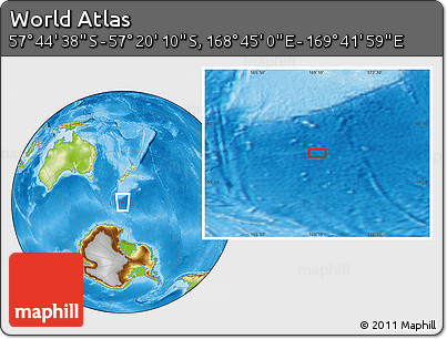Physical Location Map of the Area around 57° 32' 24" S, 169° 13' 29" E