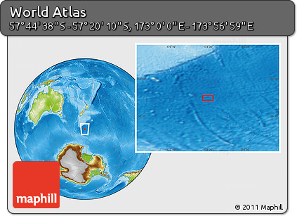 Physical Location Map of the Area around 57° 32' 24" S, 173° 28' 29" E
