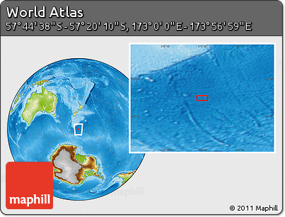 Physical Location Map of the Area around 57° 32' 24" S, 173° 28' 29" E