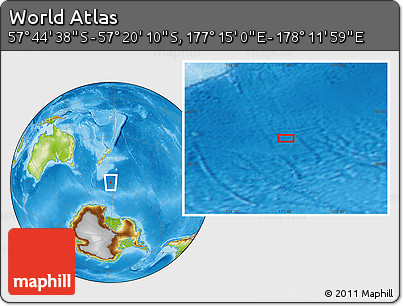 Physical Location Map of the Area around 57° 32' 24" S, 177° 43' 29" E