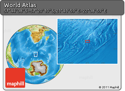 Physical Location Map of the Area around 57° 32' 24" S, 22° 10' 29" E