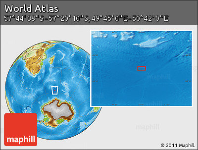 Physical Location Map of the Area around 57° 32' 24" S, 50° 13' 30" E