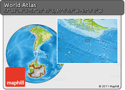 Physical Location Map of the Area around 57° 32' 24" S, 69° 37' 30" W