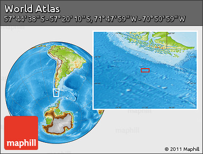 Physical Location Map of the Area around 57° 32' 24" S, 71° 19' 29" W