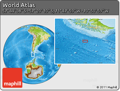 Physical Location Map of the Area around 57° 32' 24" S, 71° 19' 29" W