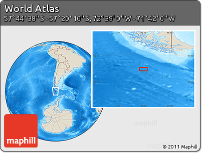 Shaded Relief Location Map of the Area around 57° 32' 24" S, 72° 10' 30" W