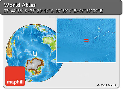 Physical Location Map of the Area around 57° 32' 24" S, 96° 7' 30" E