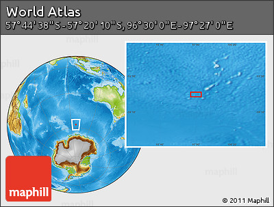 Physical Location Map of the Area around 57° 32' 24" S, 96° 58' 29" E