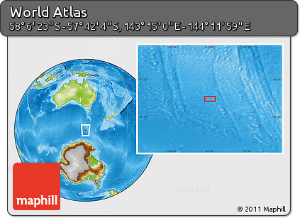 Physical Location Map of the Area around 57° 54' 14" S, 143° 43' 29" E