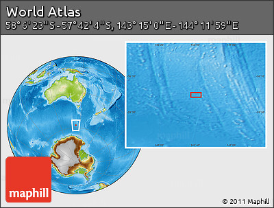 Physical Location Map of the Area around 57° 54' 14" S, 143° 43' 29" E
