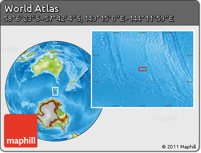 Physical Location Map of the Area around 57° 54' 14" S, 143° 43' 29" E