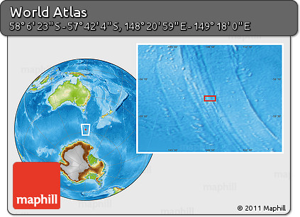Physical Location Map of the Area around 57° 54' 14" S, 148° 49' 29" E