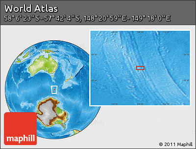 Physical Location Map of the Area around 57° 54' 14" S, 148° 49' 29" E
