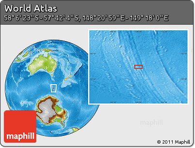 Physical Location Map of the Area around 57° 54' 14" S, 148° 49' 29" E