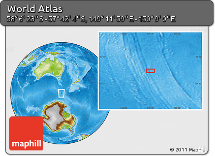 Physical Location Map of the Area around 57° 54' 14" S, 149° 40' 30" E