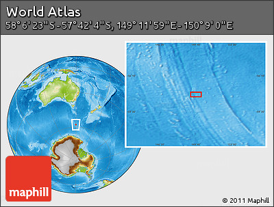 Physical Location Map of the Area around 57° 54' 14" S, 149° 40' 30" E
