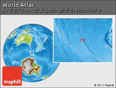 Physical Location Map of the Area around 57° 54' 14" S, 152° 13' 29" E
