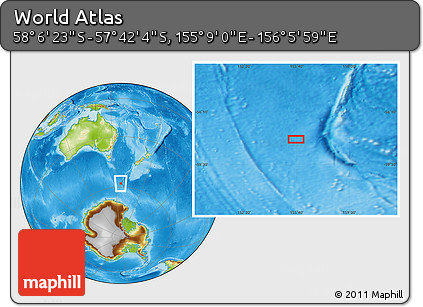 Physical Location Map of the Area around 57° 54' 14" S, 155° 37' 30" E