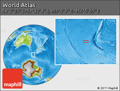 Physical Location Map of the Area around 57° 54' 14" S, 155° 37' 30" E