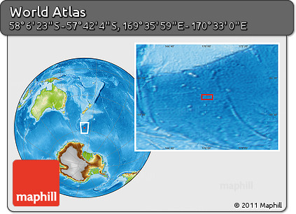 Physical Location Map of the Area around 57° 54' 14" S, 170° 4' 29" E