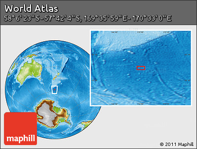 Physical Location Map of the Area around 57° 54' 14" S, 170° 4' 29" E