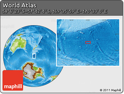 Physical Location Map of the Area around 57° 54' 14" S, 170° 4' 29" E