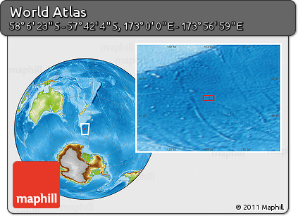 Physical Location Map of the Area around 57° 54' 14" S, 173° 28' 29" E