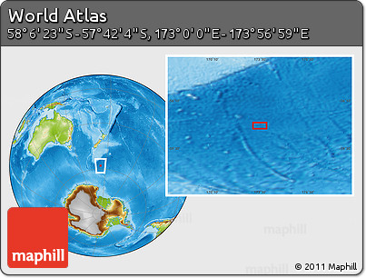 Physical Location Map of the Area around 57° 54' 14" S, 173° 28' 29" E