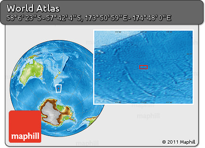 Physical Location Map of the Area around 57° 54' 14" S, 174° 19' 29" E