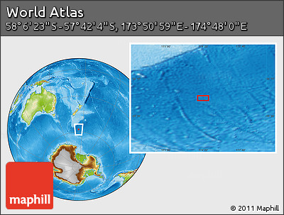 Physical Location Map of the Area around 57° 54' 14" S, 174° 19' 29" E