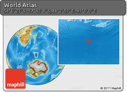 Physical Location Map of the Area around 57° 54' 14" S, 48° 31' 29" E