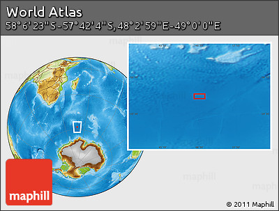 Physical Location Map of the Area around 57° 54' 14" S, 48° 31' 29" E