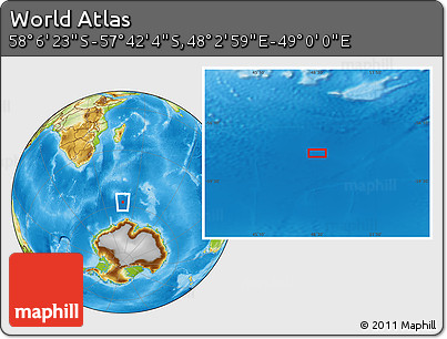 Physical Location Map of the Area around 57° 54' 14" S, 48° 31' 29" E