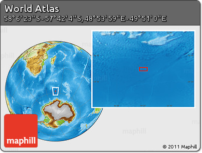 Physical Location Map of the Area around 57° 54' 14" S, 49° 22' 30" E