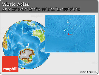 Physical Location Map of the Area around 57° 54' 14" S, 99° 31' 30" E