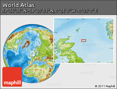 Physical Location Map of the Area around 58° 8' 44" N, 0° 4' 30" E