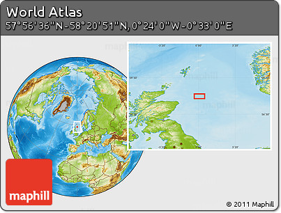 Physical Location Map of the Area around 58° 8' 44" N, 0° 4' 30" E
