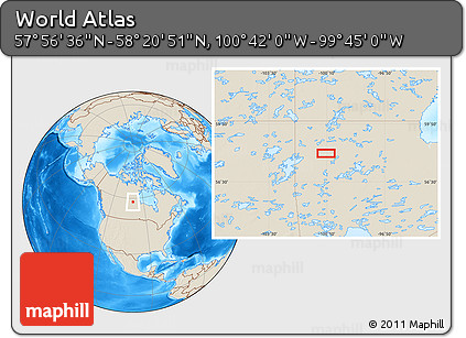 Shaded Relief Location Map of the Area around 58° 8' 44" N, 100° 13' 29" W