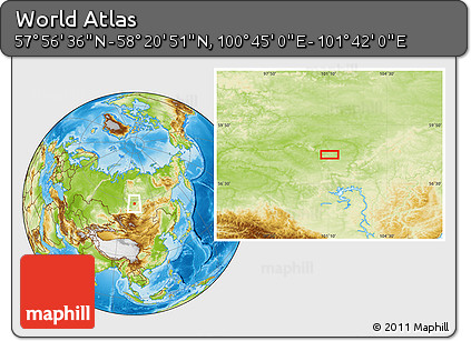 Physical Location Map of the Area around 58° 8' 44" N, 101° 13' 29" E