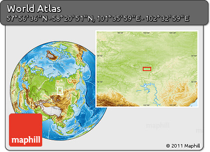 Physical Location Map of the Area around 58° 8' 44" N, 102° 4' 29" E