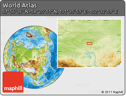 Physical Location Map of the Area around 58° 8' 44" N, 102° 4' 29" E