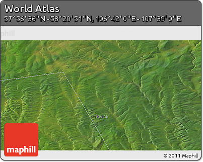 Satellite 3D Map of the Area around 58° 8' 44" N, 107° 10' 30" E