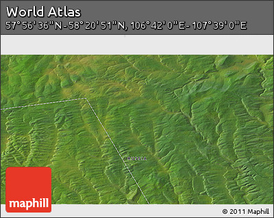 Satellite 3D Map of the Area around 58° 8' 44" N, 107° 10' 30" E