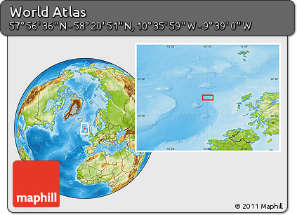 Physical Location Map of the Area around 58° 8' 44" N, 10° 7' 30" W